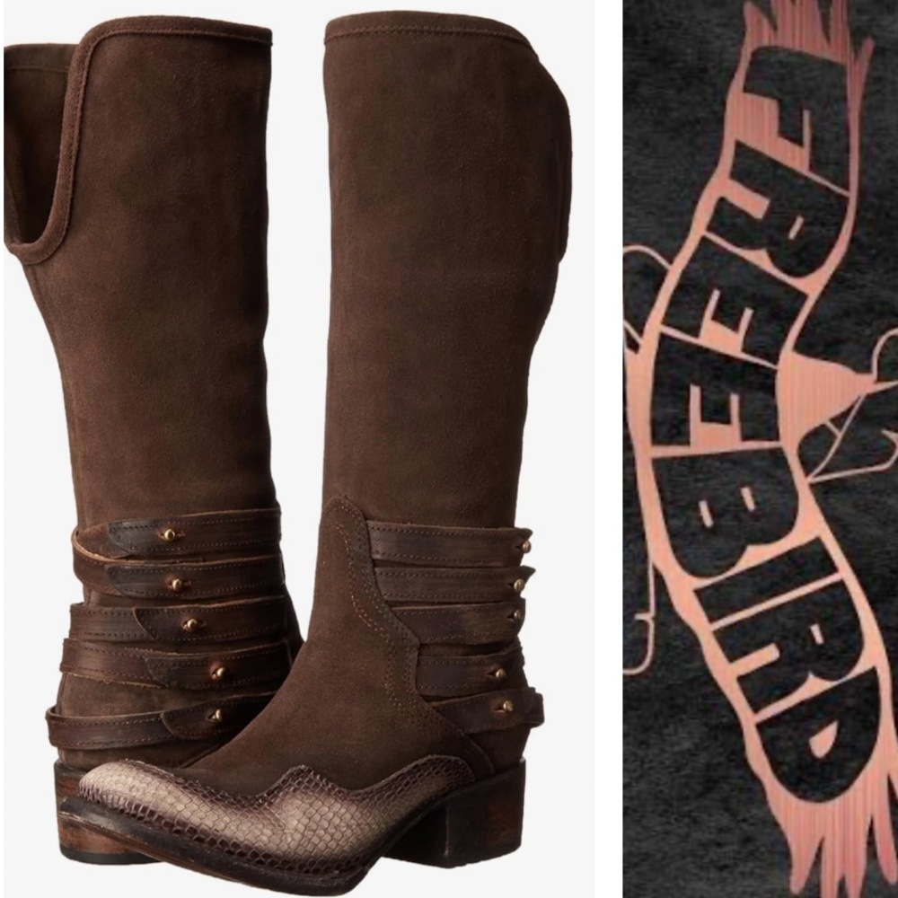 Freebird By Steven Draft Motorcycle Suede Boots Stacked Heel Brown/Cream SZ 7